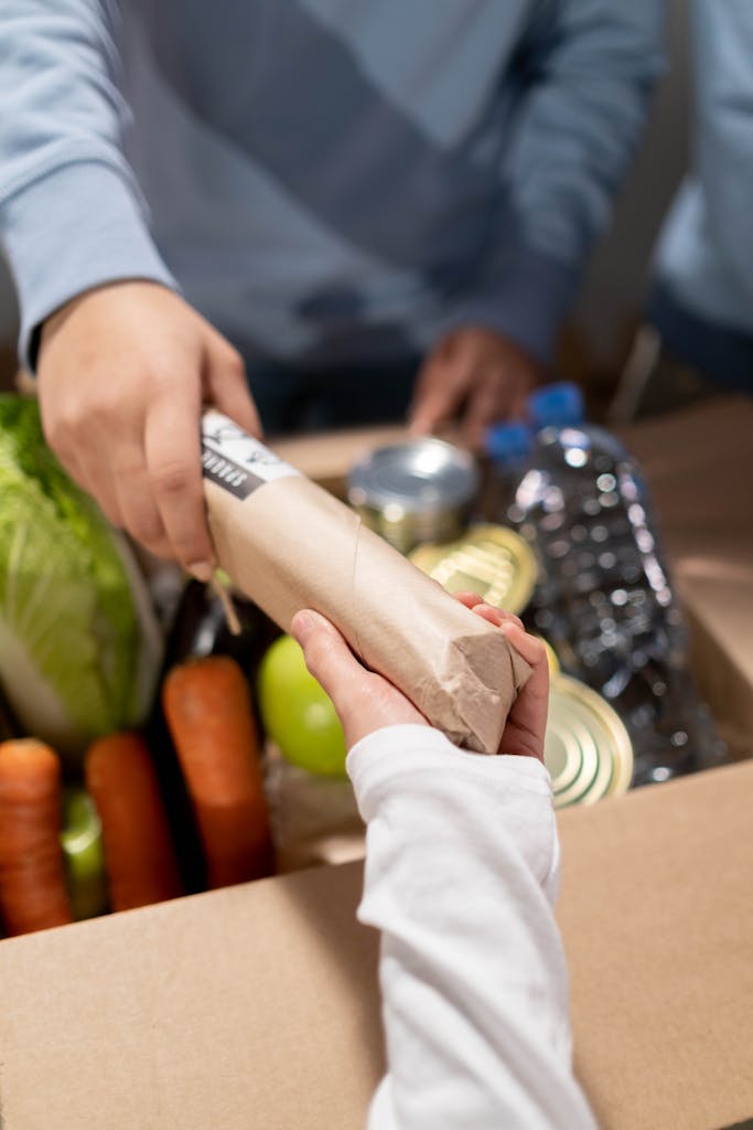 Volunteers distribute food aid box containing groceries to community members.